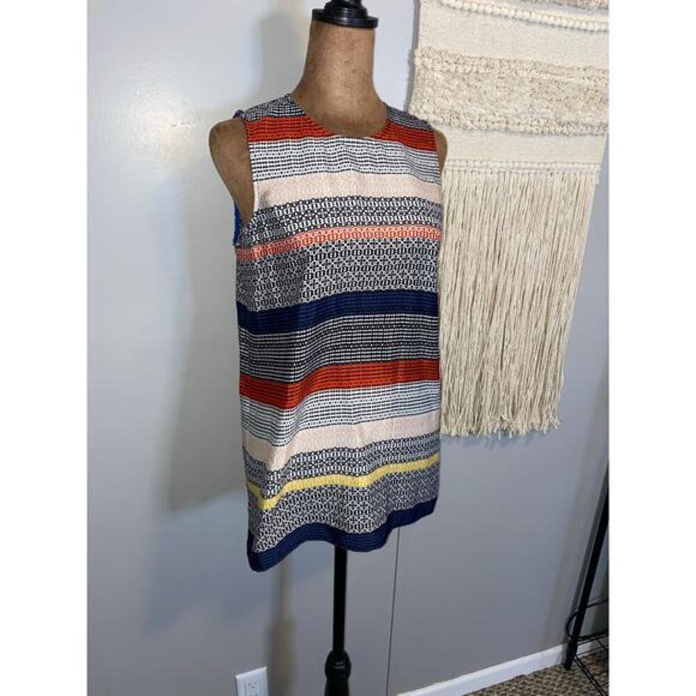 Vince Camuto Womens XS Sleeveless Multicolor Geometric Stripe Blouse Split Hem